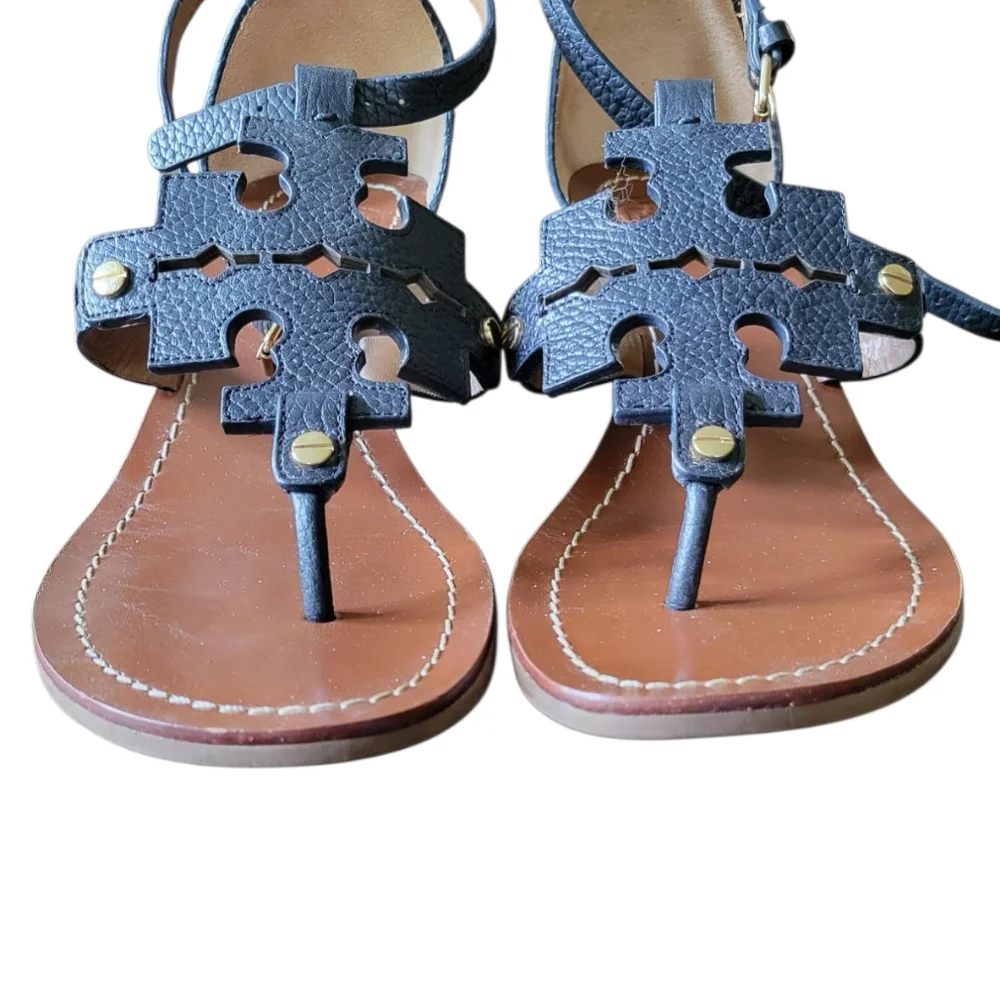 TORY BURCH Chandler Navy Brown Wedge Sandals 7 - Picture 4 of 6